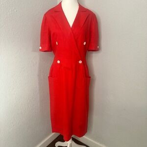 Vintage 1980s Adele Simpson Red Double‎ Breasted Short Sleeve Button Down Dress